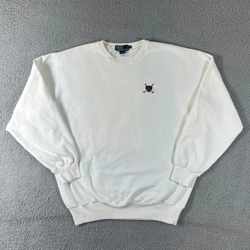 Polo Ralph Lauren Sweatshirt Men's L White Golf Crest Embroidered Crewneck VTG